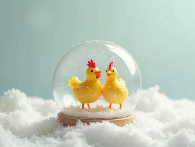 Two Yellow Toy Chickens Inside A Glass Snow Globe