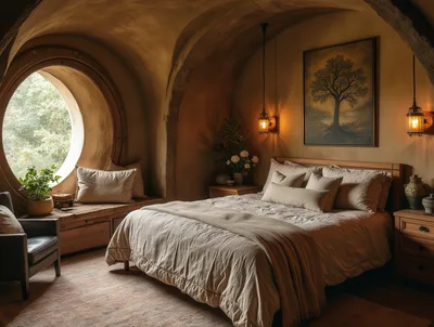 Cozy Bedroom Interior With Round Window And Earthy Decor