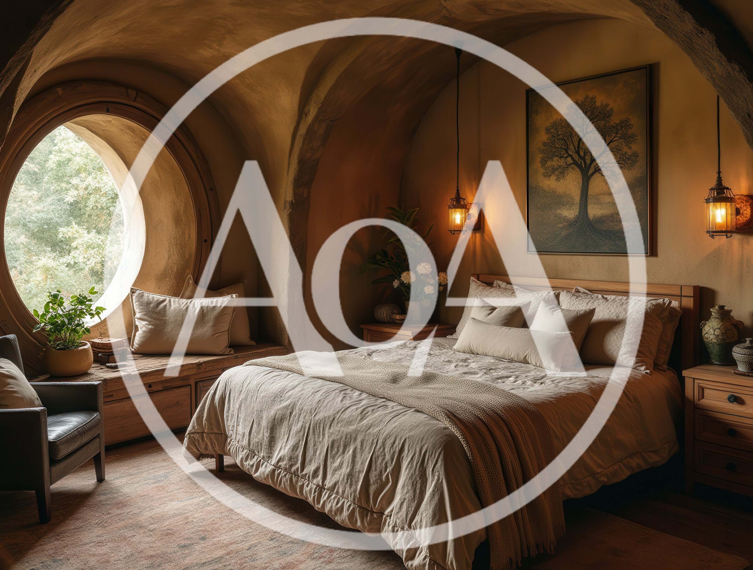 Cozy Bedroom Interior With Round Window And Earthy Decor