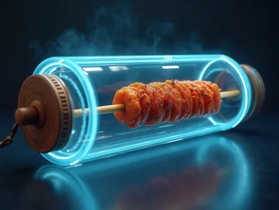 Futuristic Neon Glass Cylinder Cooking Skewered Food