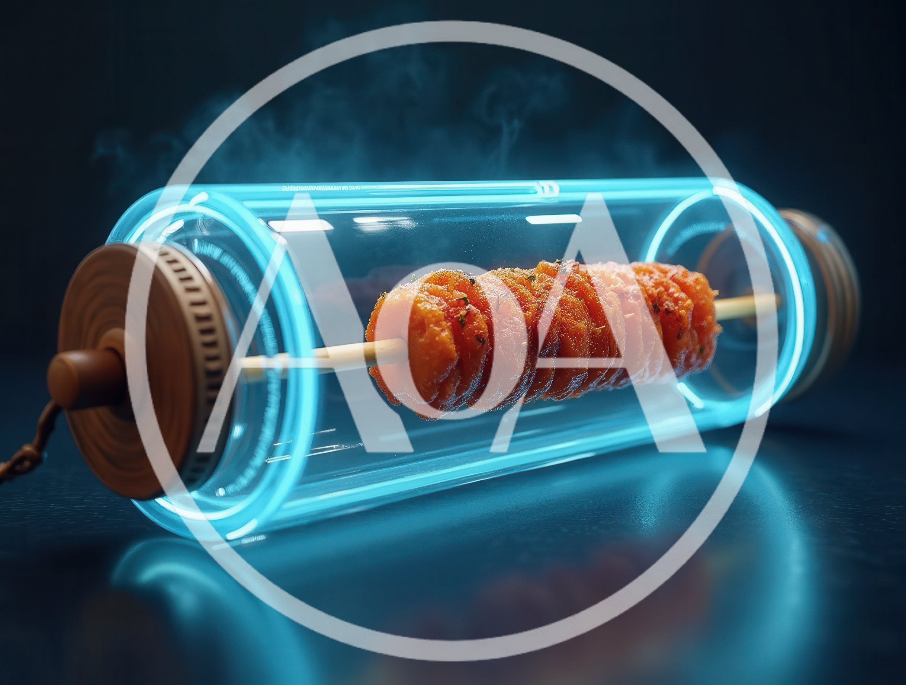 Futuristic Neon Glass Cylinder Cooking Skewered Food
