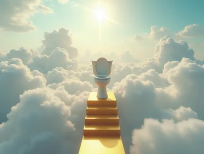 Surreal Toilet Throne Atop Golden Stairway In Clouds