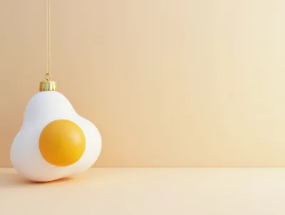 Fried Egg Christmas Ornament Hanging Against Beige Background