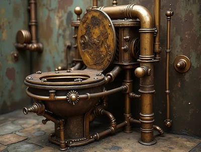 Steampunk Style Brass Toilet in Industrial Bathroom