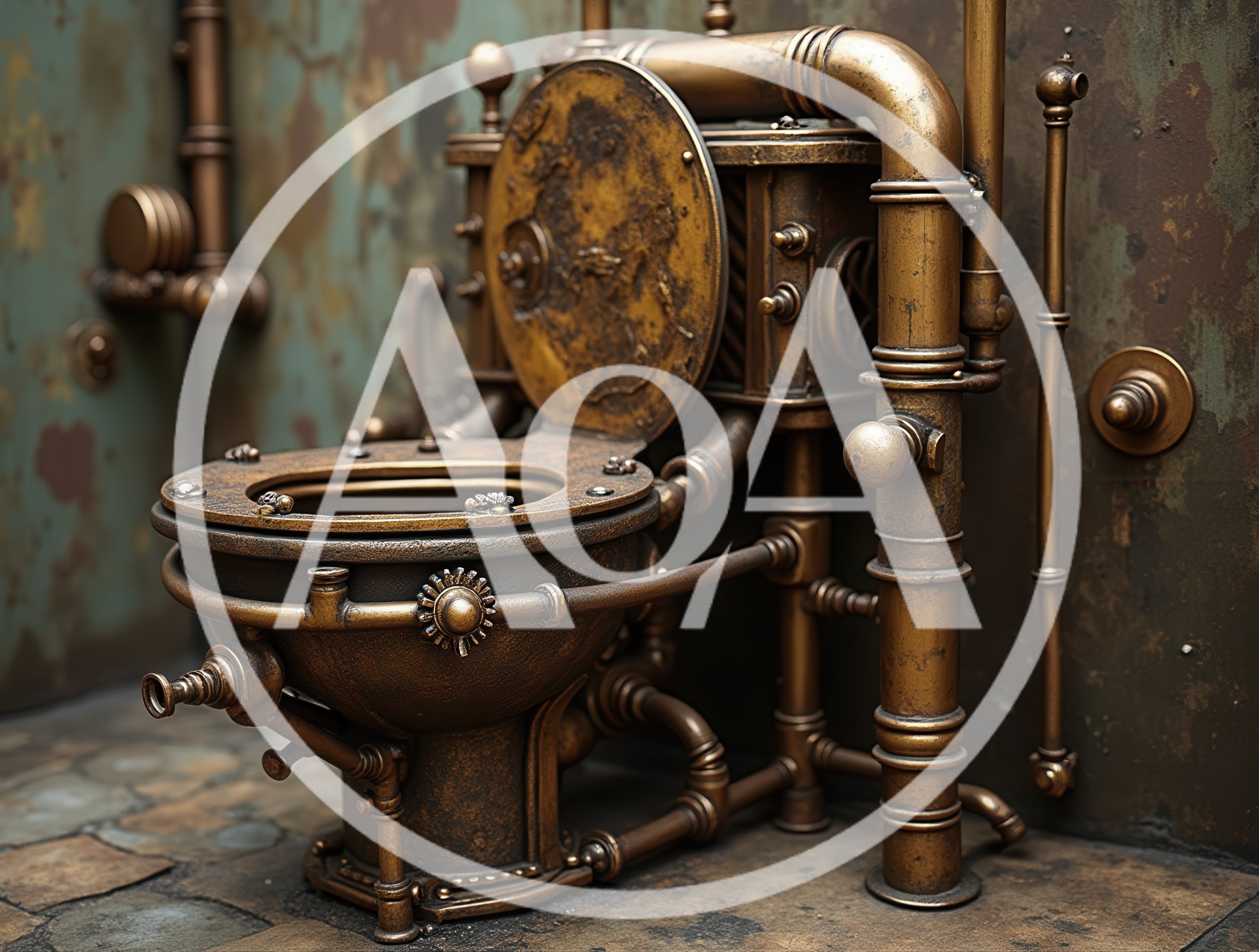 Steampunk Style Brass Toilet in Industrial Bathroom