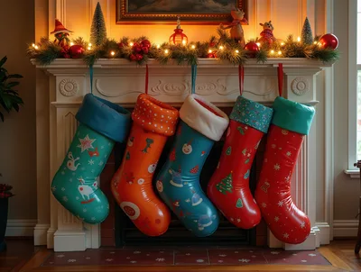 Five Colorful Christmas Stockings Hanging On A Fireplace Mantel