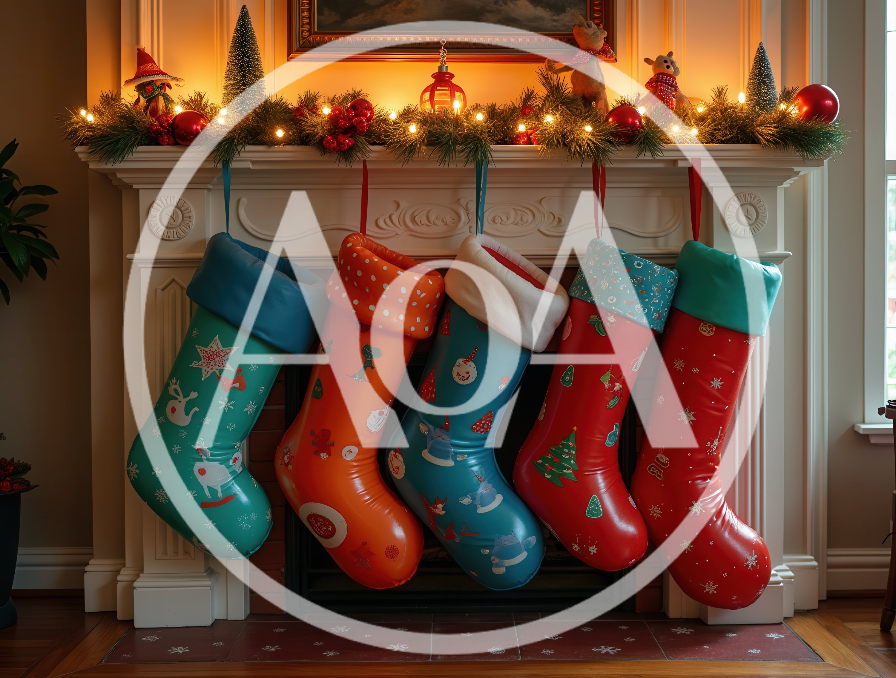Five Colorful Christmas Stockings Hanging On A Fireplace Mantel