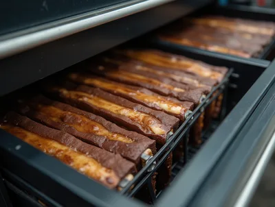 Rows Of Chocolate Covered Pastries In A Commercial Oven