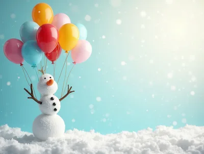 Snowman Floating With Colorful Balloons In Winter