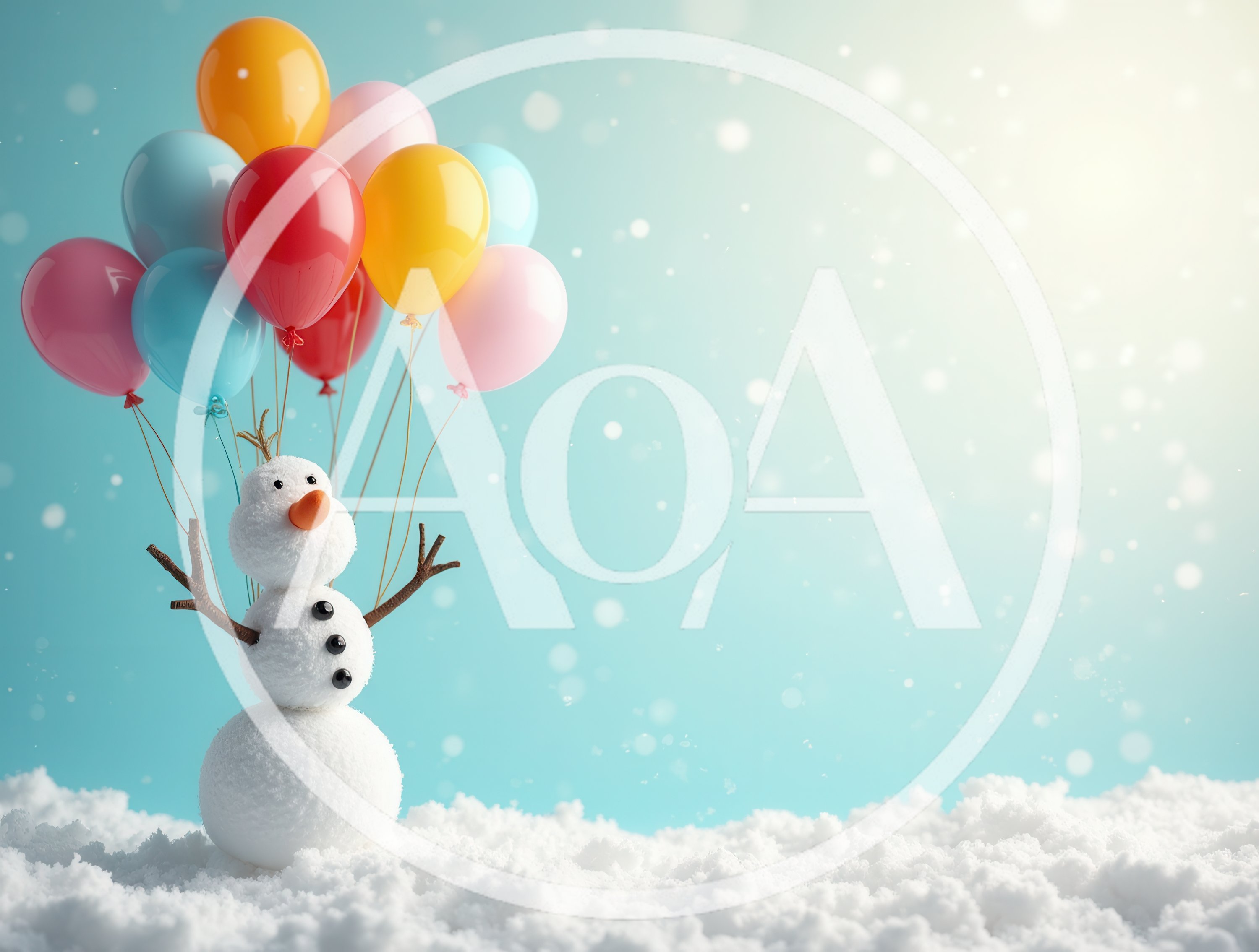 Snowman Floating With Colorful Balloons In Winter