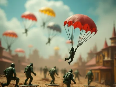 Toy Soldiers Parachuting Over A Miniature Town