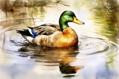 Watercolor Painting Of A Mallard Duck Swimming