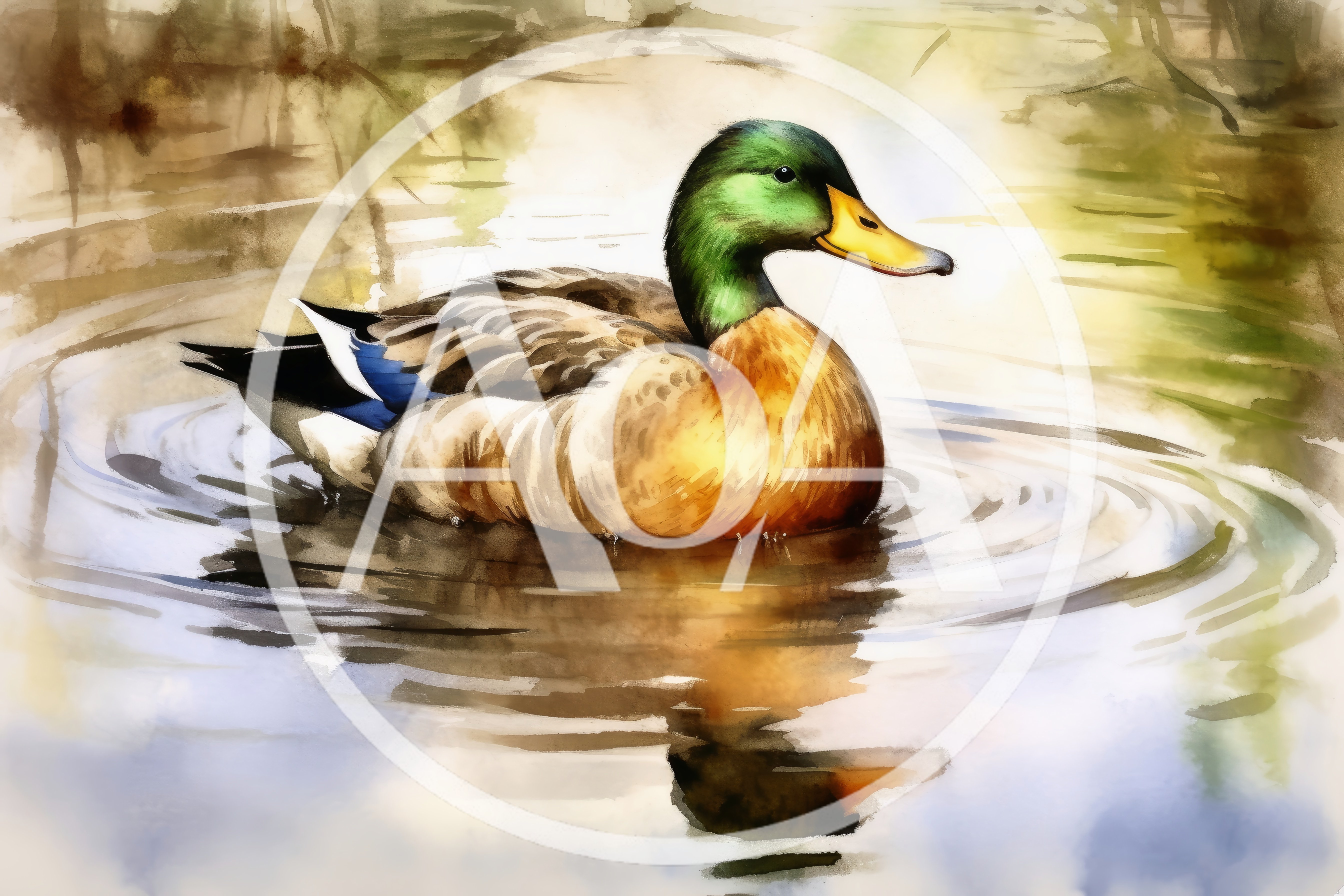 Watercolor Painting Of A Mallard Duck Swimming