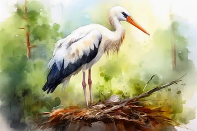 Watercolor Illustration Of A White Stork In A Nest