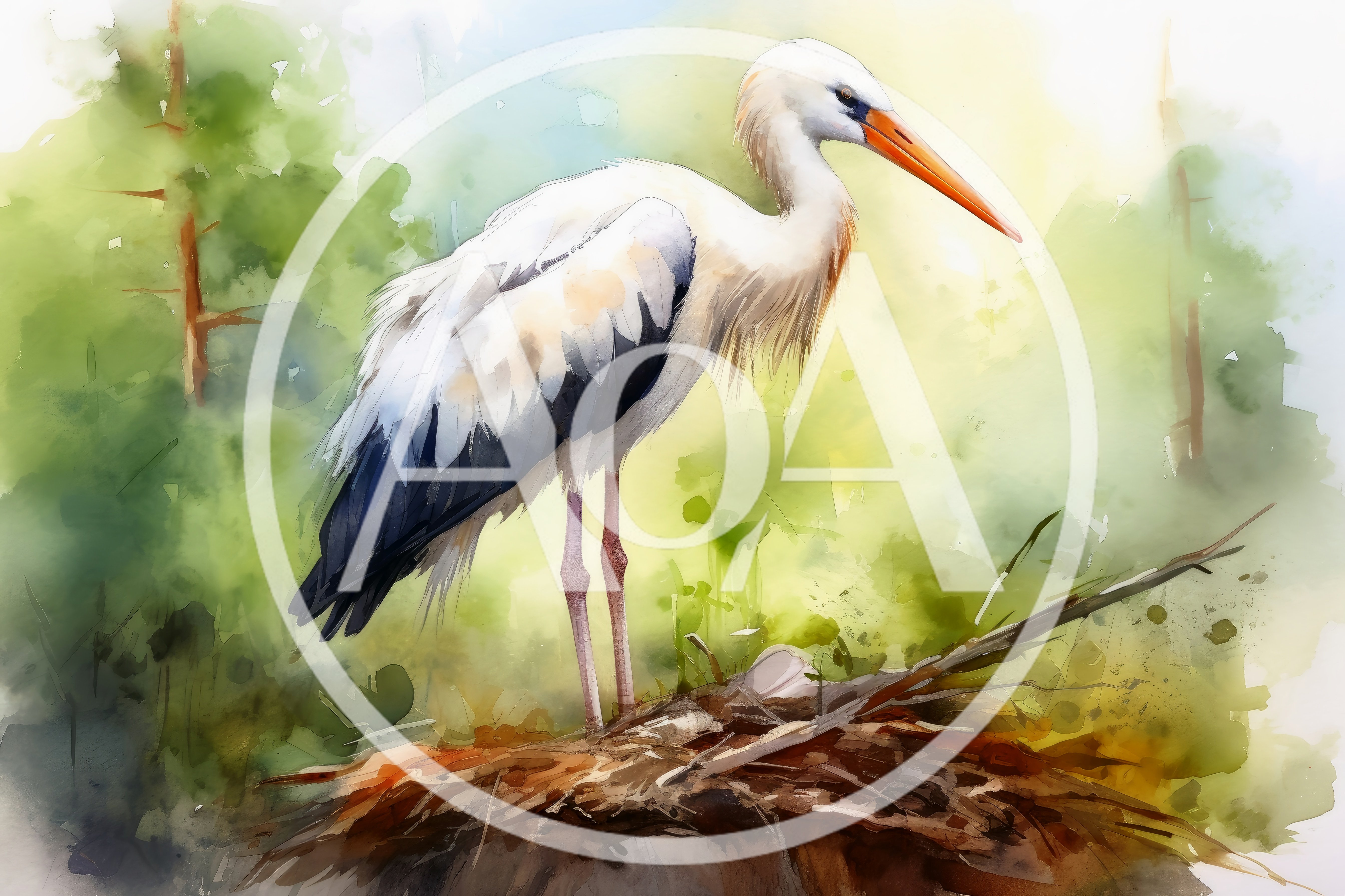 Watercolor Illustration Of A White Stork In A Nest