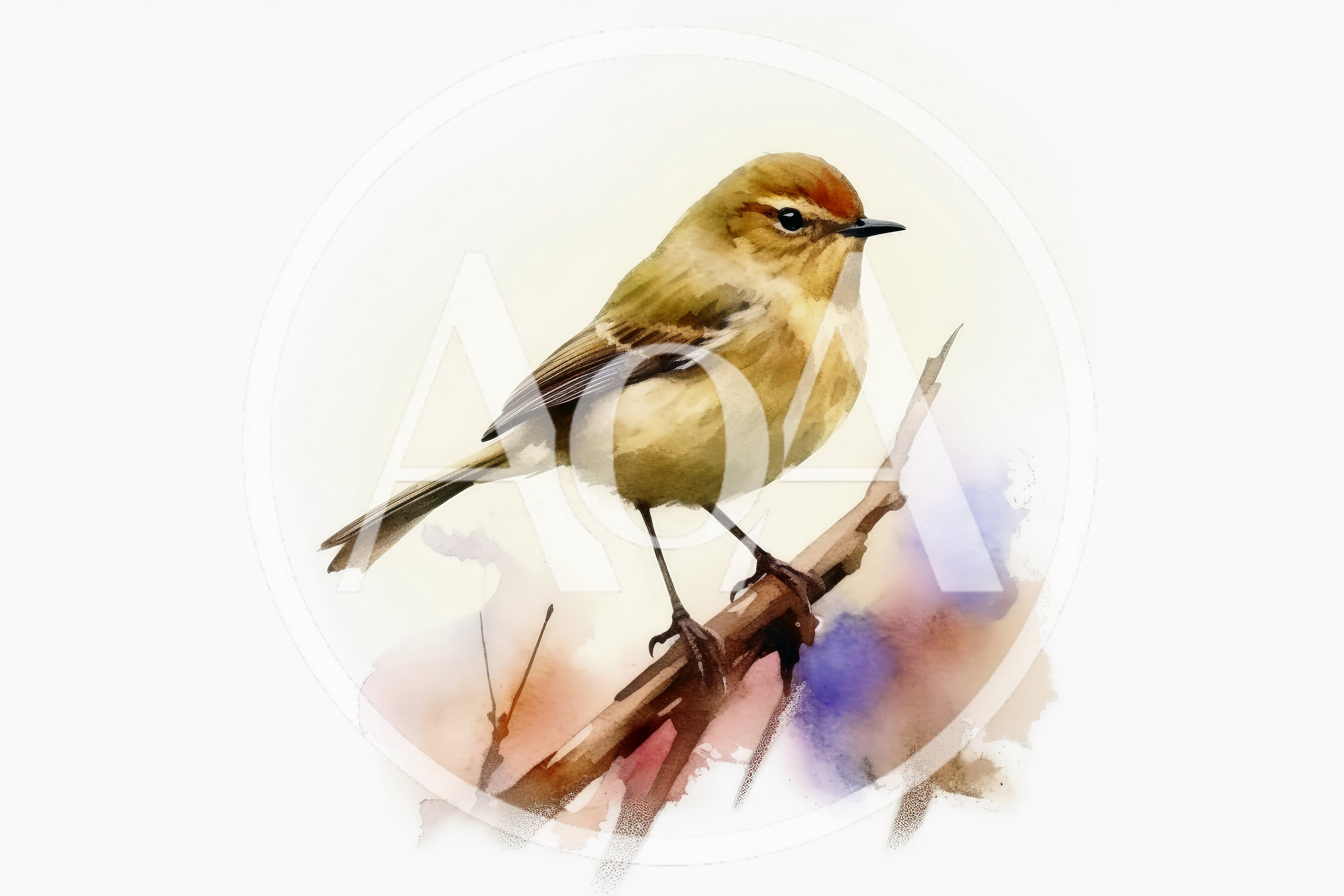 Watercolor Illustration Of A Small Bird Perched On Branch