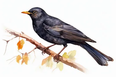 Watercolor Illustration Of A Blackbird Perched On A Branch