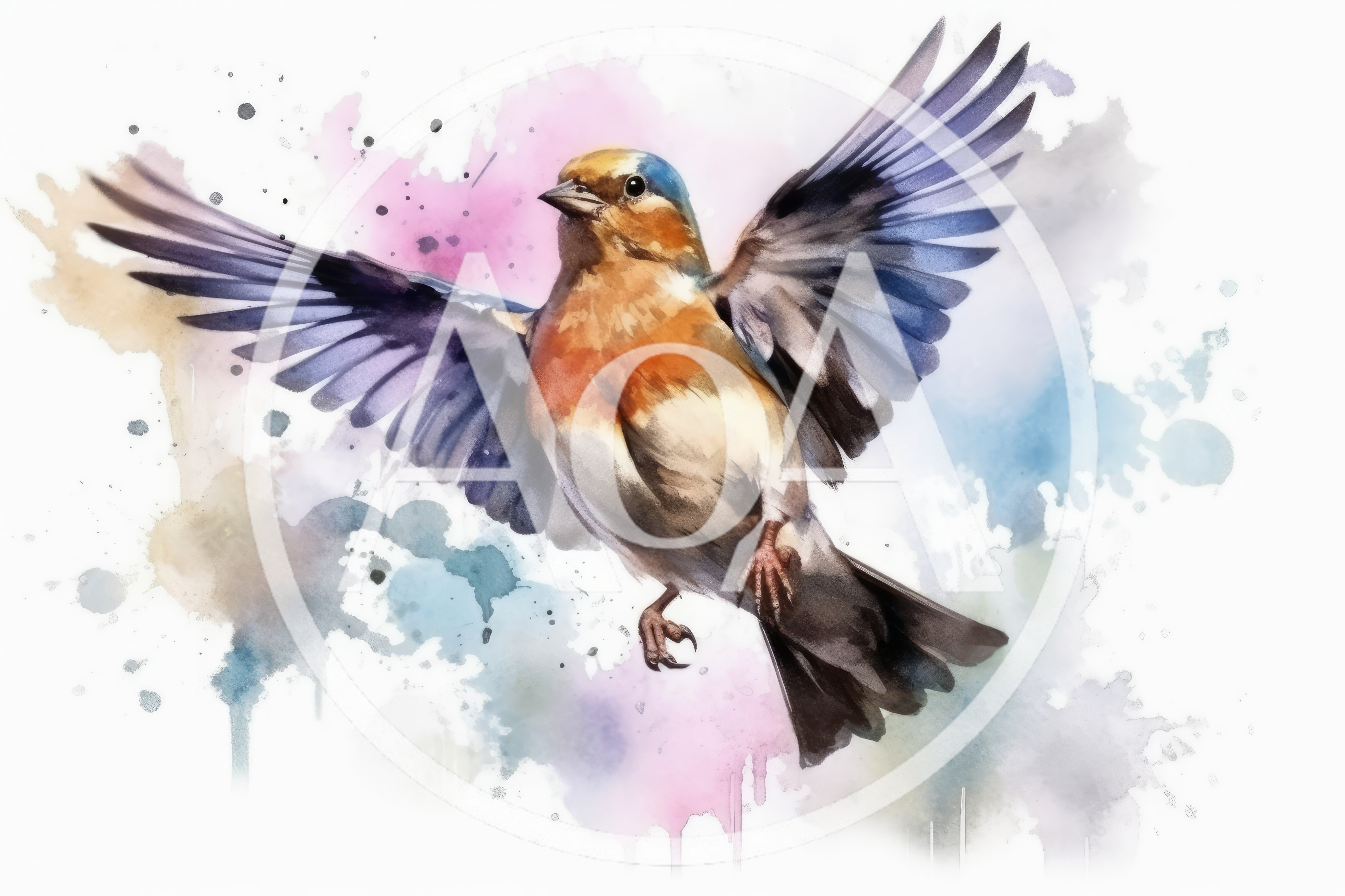 Watercolor Illustration Of A Small Bird In Flight