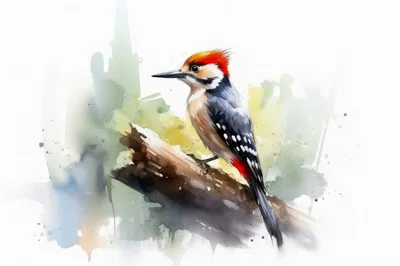 Watercolor Illustration Of A Woodpecker Perched On A Branch
