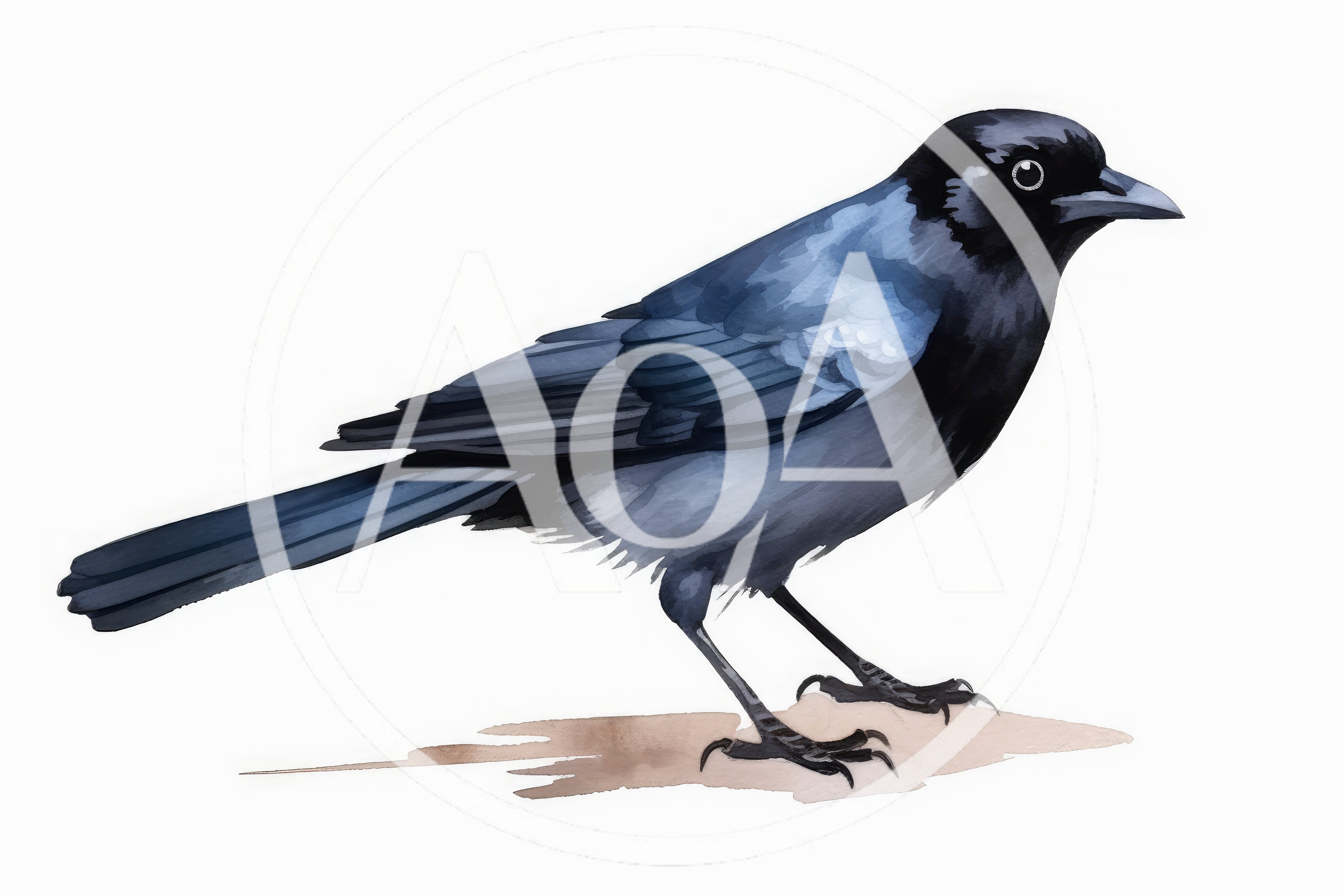 Watercolor Illustration Of A Dark Blue Bird