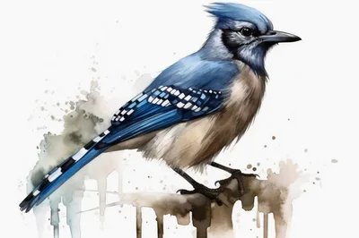 Watercolor Illustration Of A Blue Jay Perched On Branch