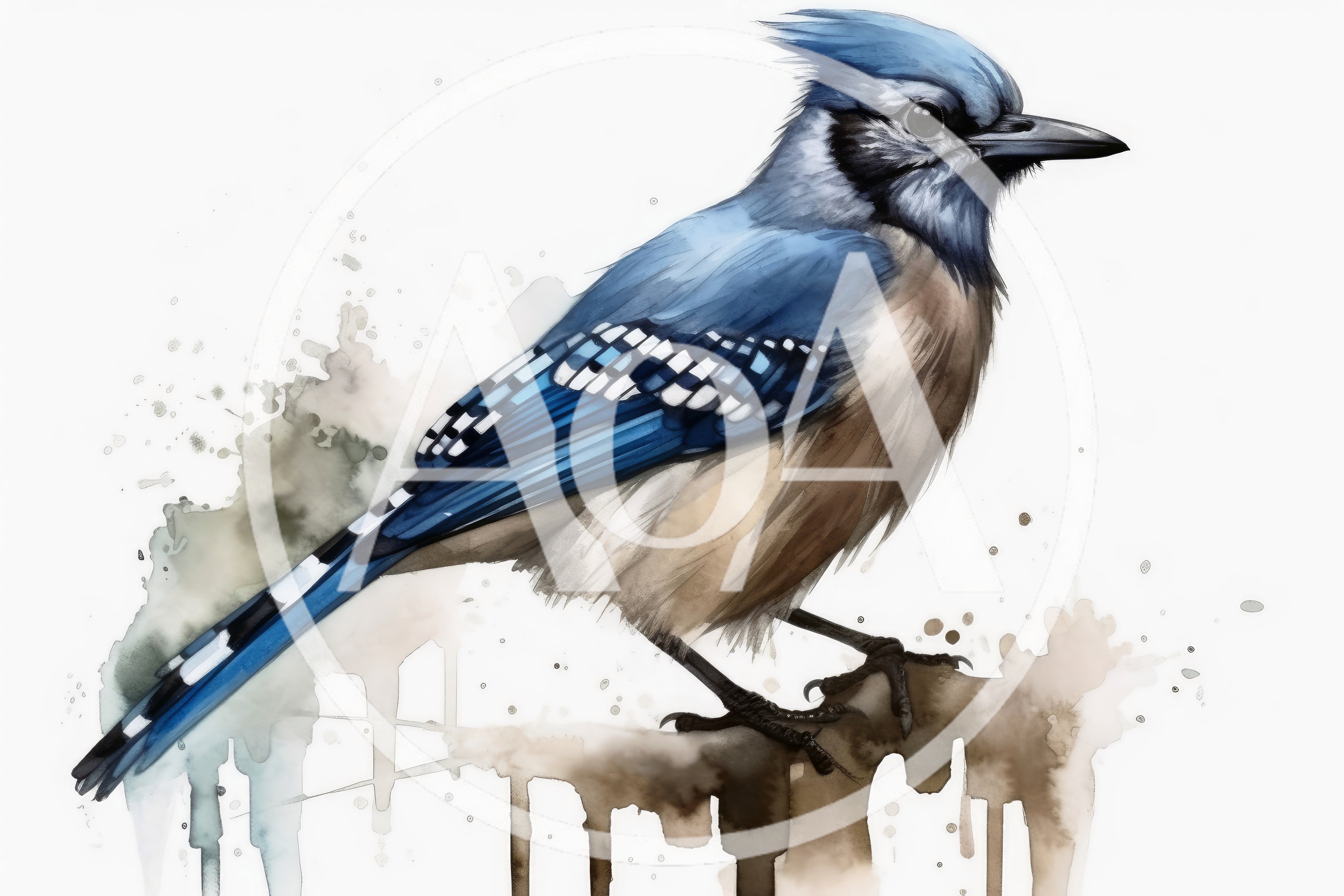 Watercolor Illustration Of A Blue Jay Perched On Branch