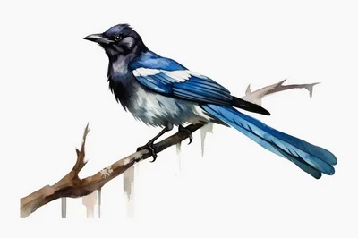 Watercolor Illustration Of A Blue Magpie On A Branch