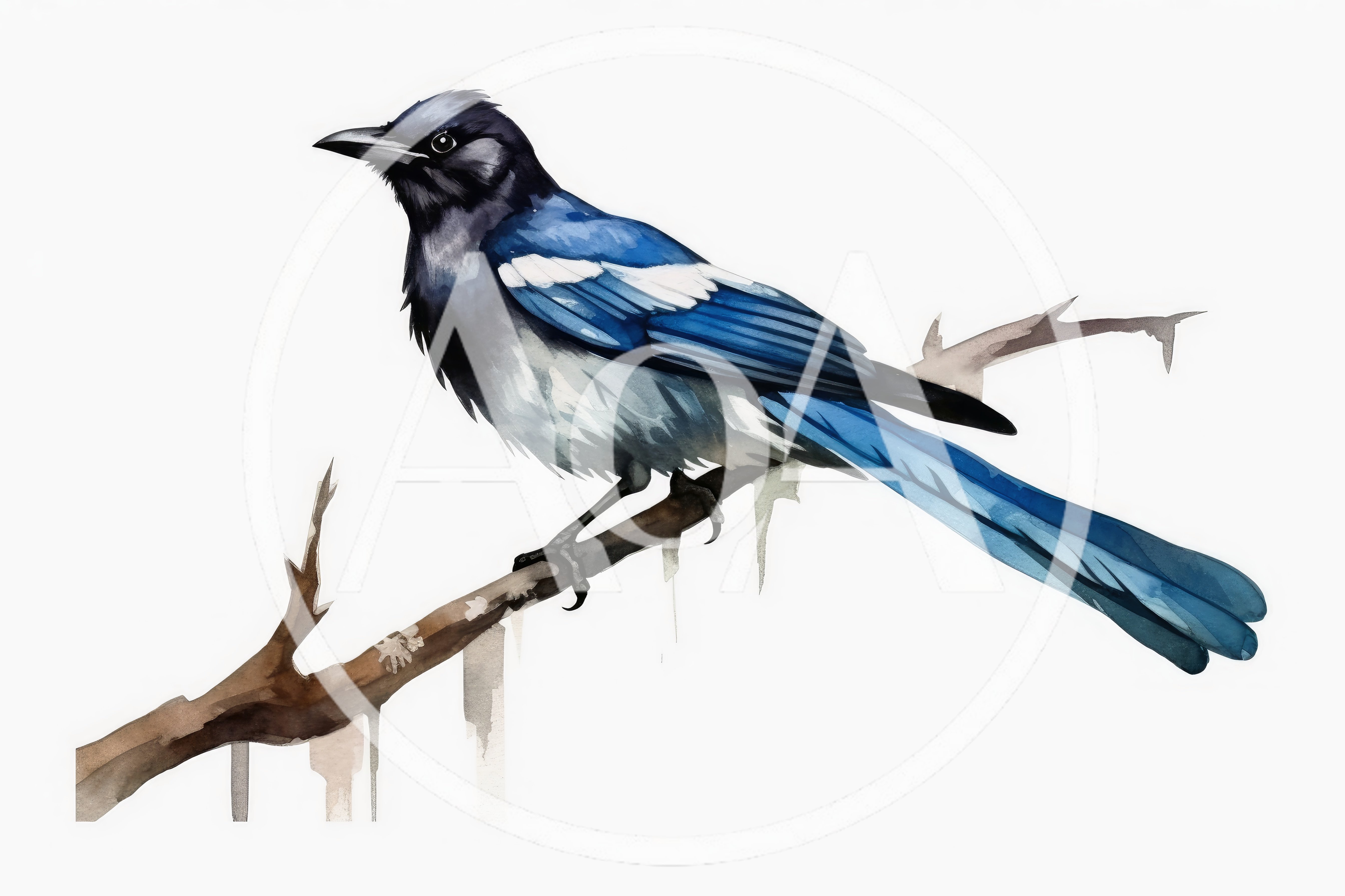 Watercolor Illustration Of A Blue Magpie On A Branch