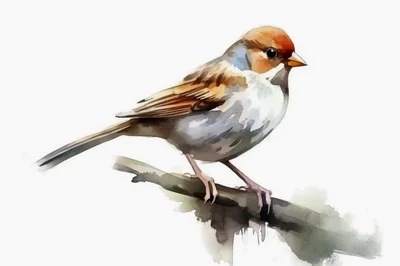 Watercolor Illustration Of A Small Sparrow On A Branch