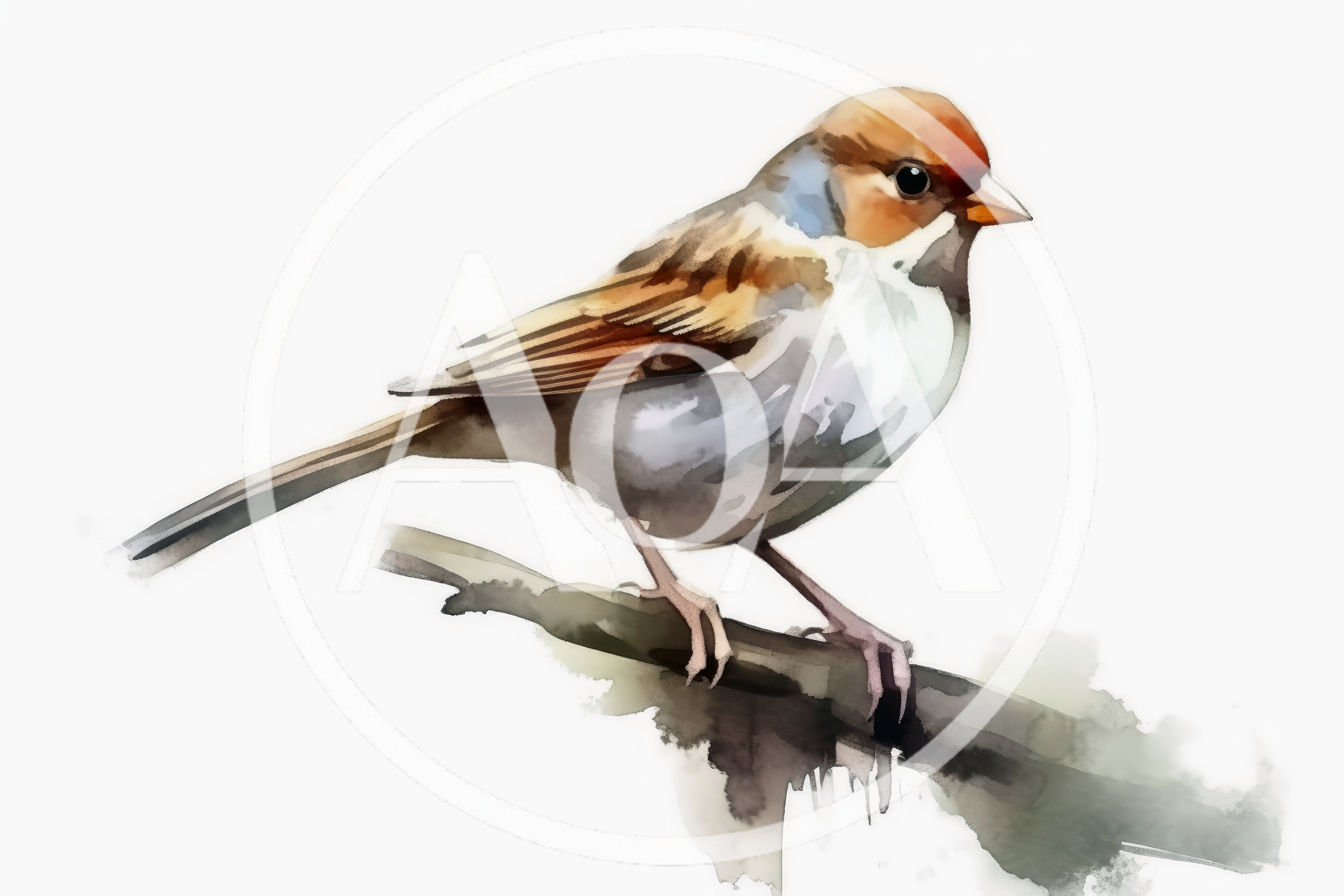 Watercolor Illustration Of A Small Sparrow On A Branch