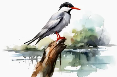 Watercolor Illustration Of A Tern Perched On A Log