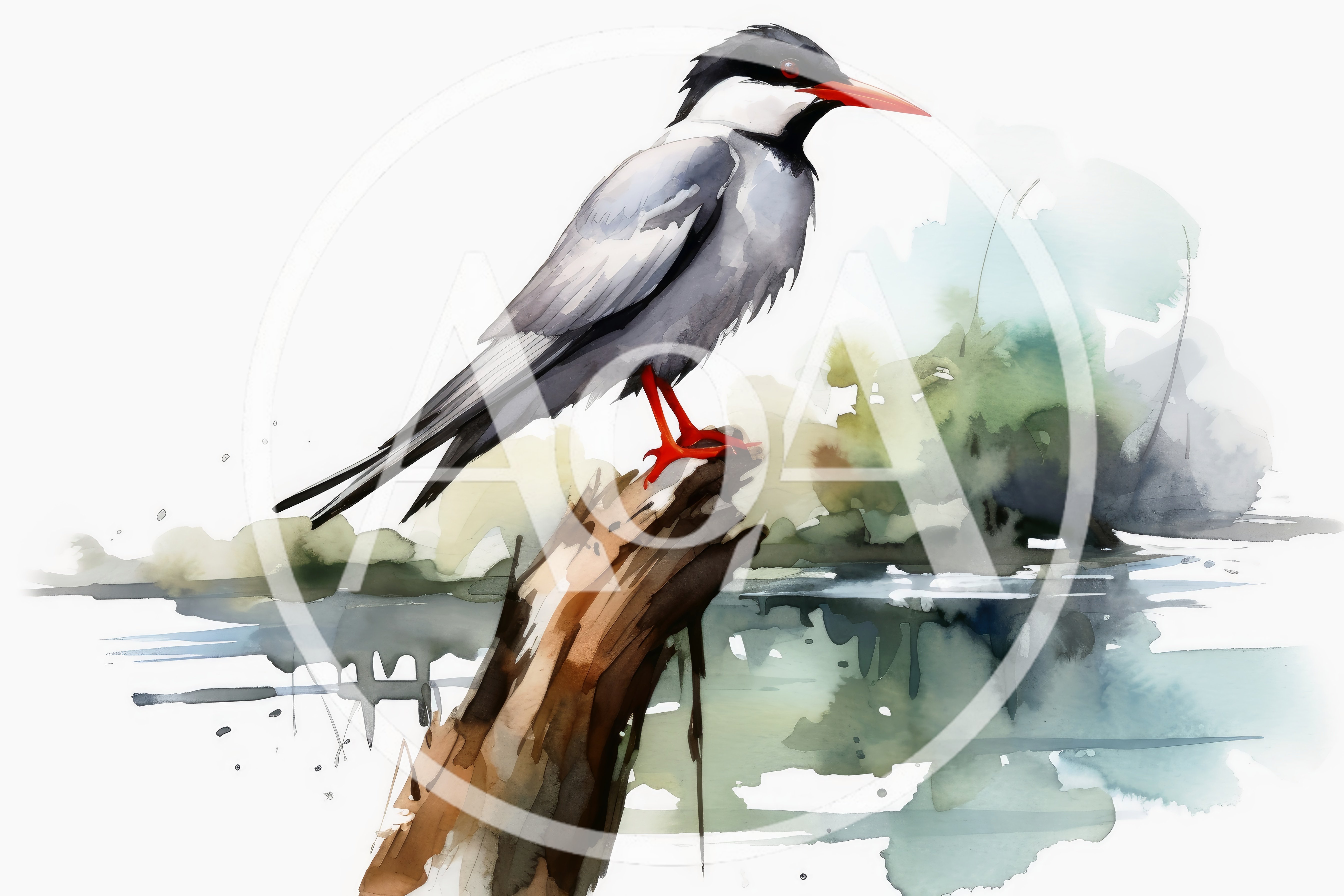 Watercolor Illustration Of A Tern Perched On A Log