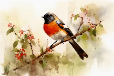 Watercolor Painting Of A Robin Perched On A Branch