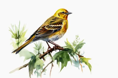 Watercolor Illustration Of A Prairie Warbler On A Branch