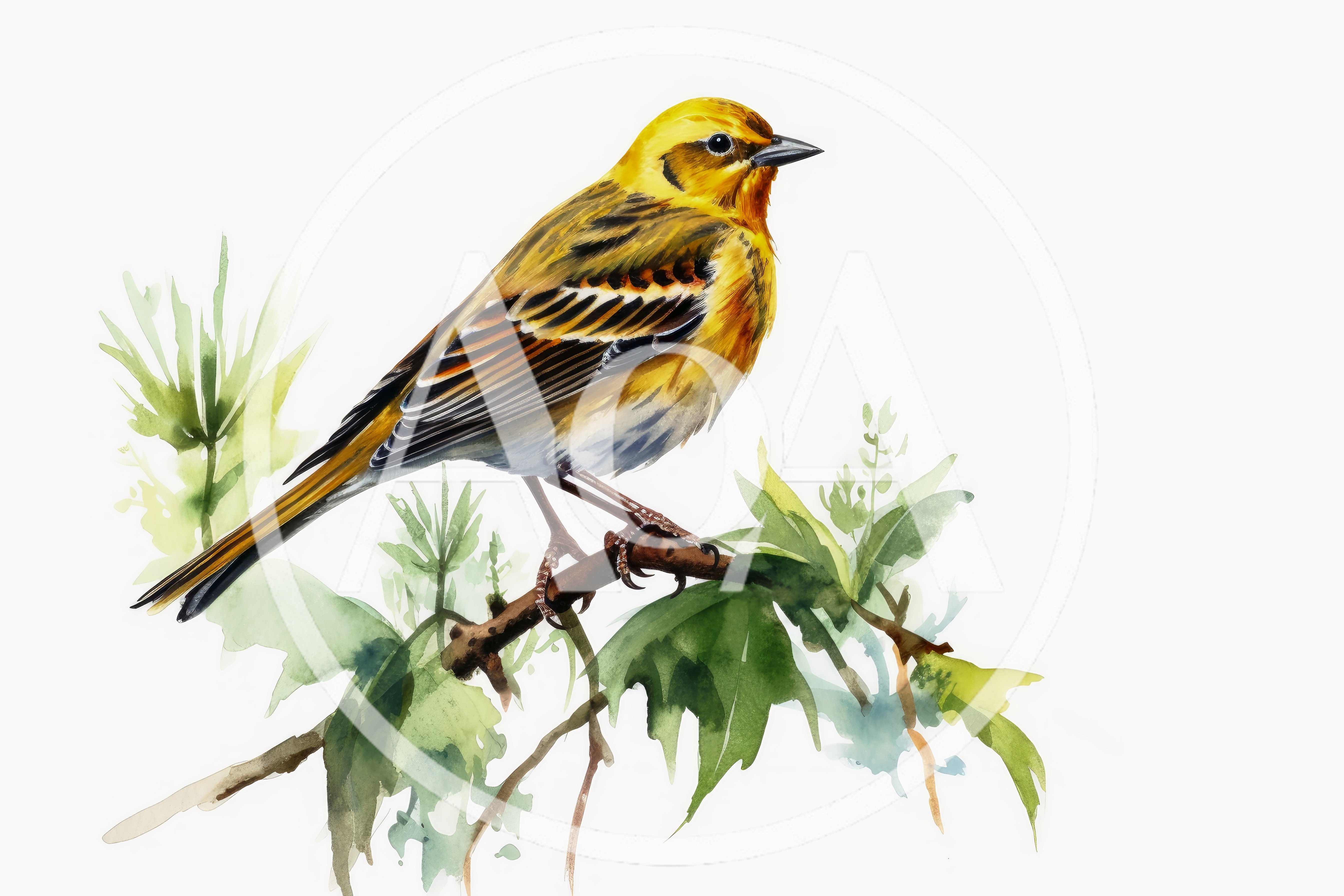 Watercolor Illustration Of A Prairie Warbler On A Branch