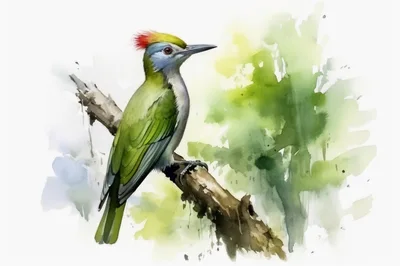 Watercolor Illustration Of A Green Woodpecker On A Branch