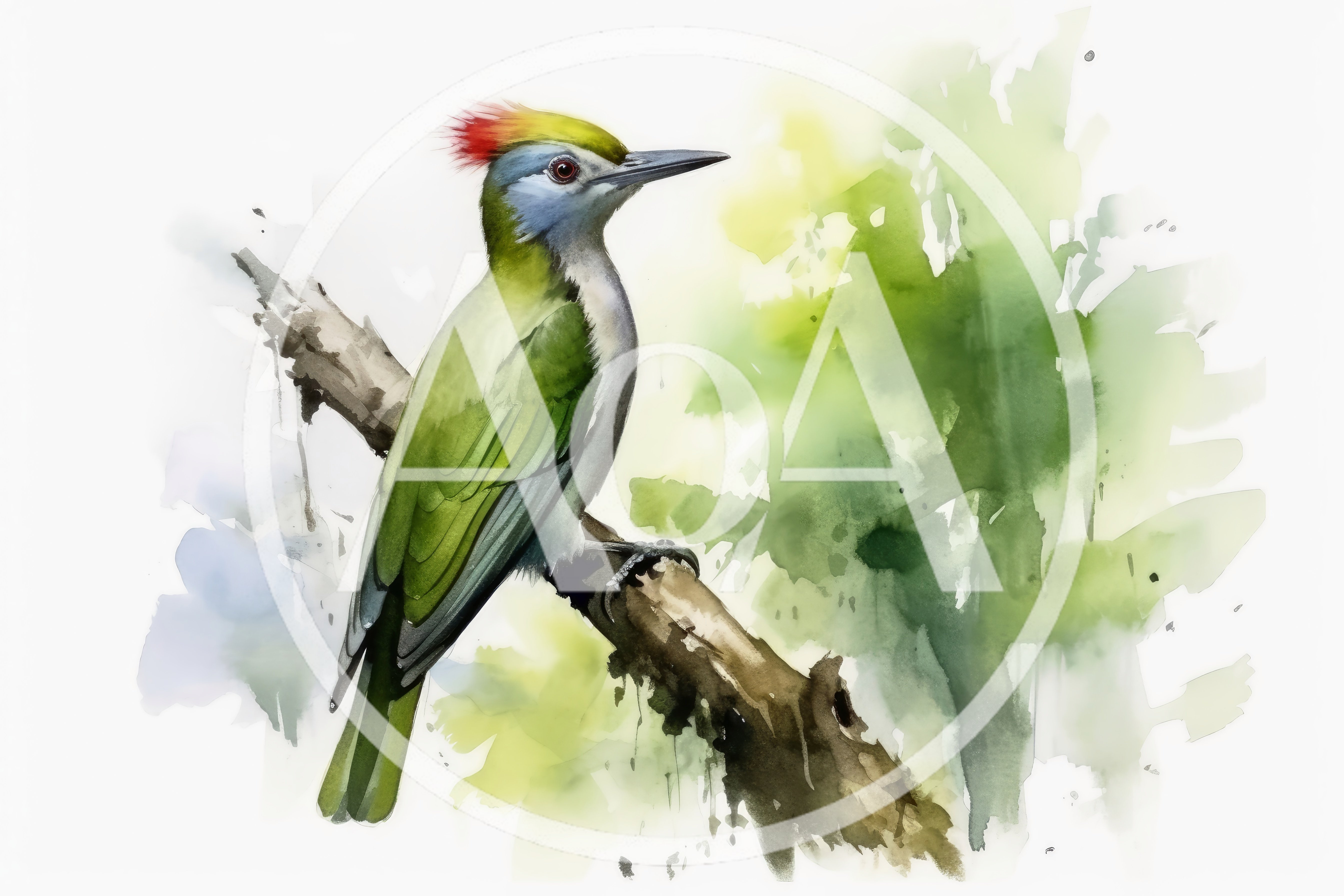 Watercolor Illustration Of A Green Woodpecker On A Branch