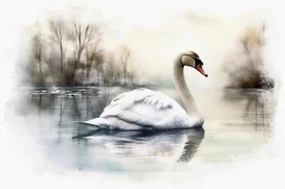Graceful White Swan Swimming On A Misty Lake