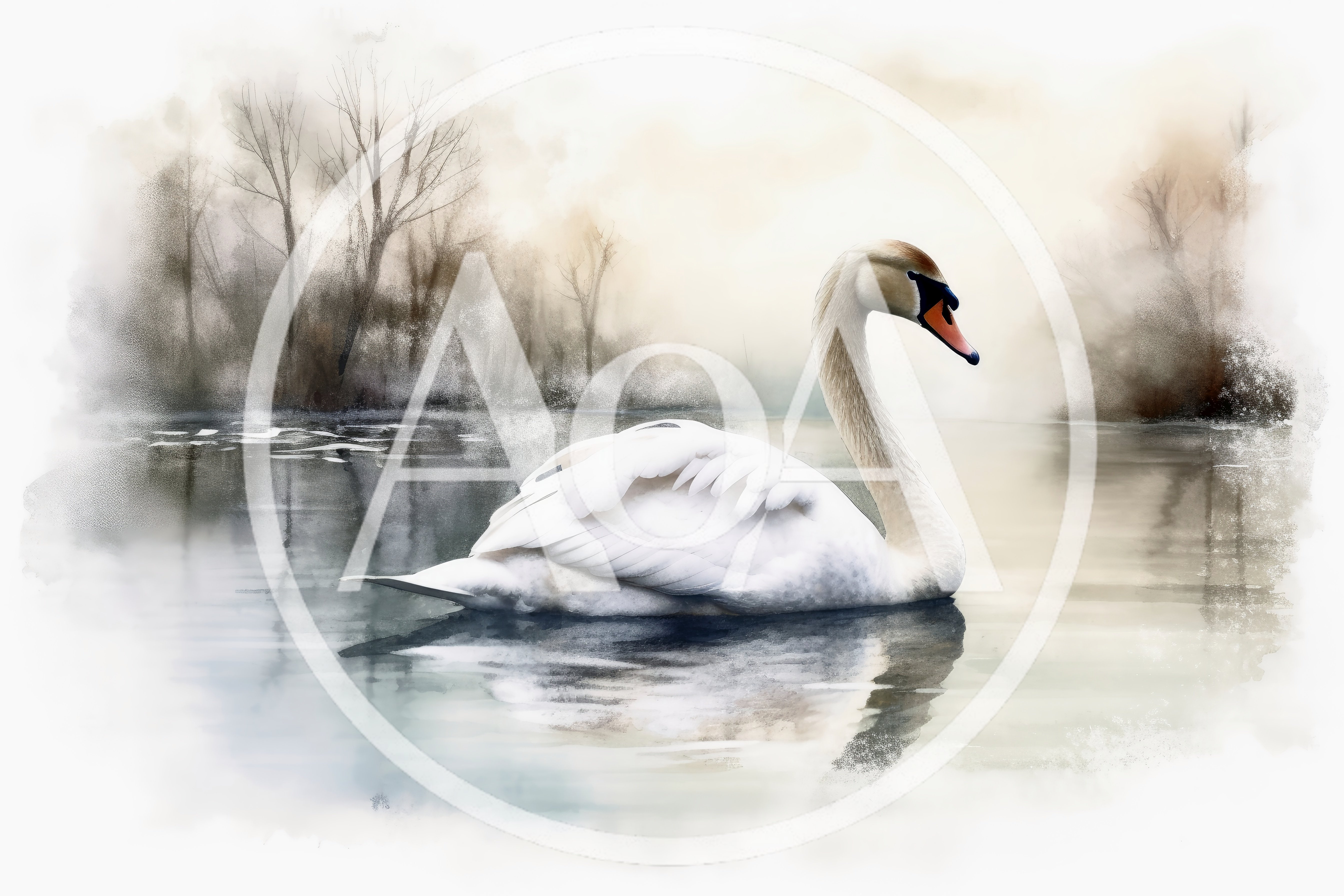Graceful White Swan Swimming On A Misty Lake