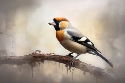 Hawfinch Perched on a Weathered Tree Branch