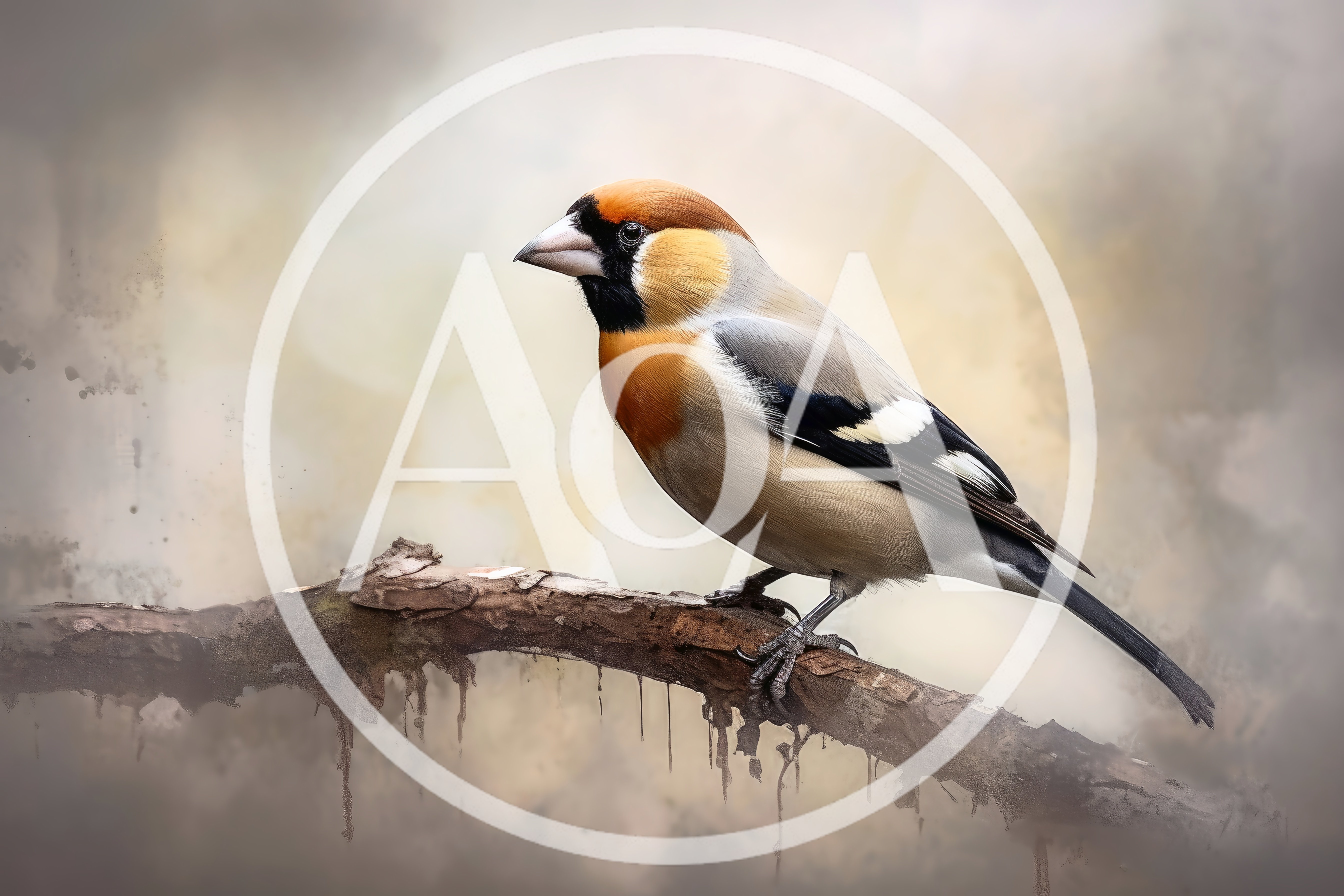Hawfinch Perched on a Weathered Tree Branch