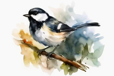 Watercolor Illustration Of A Chickadee Perched On A Branch