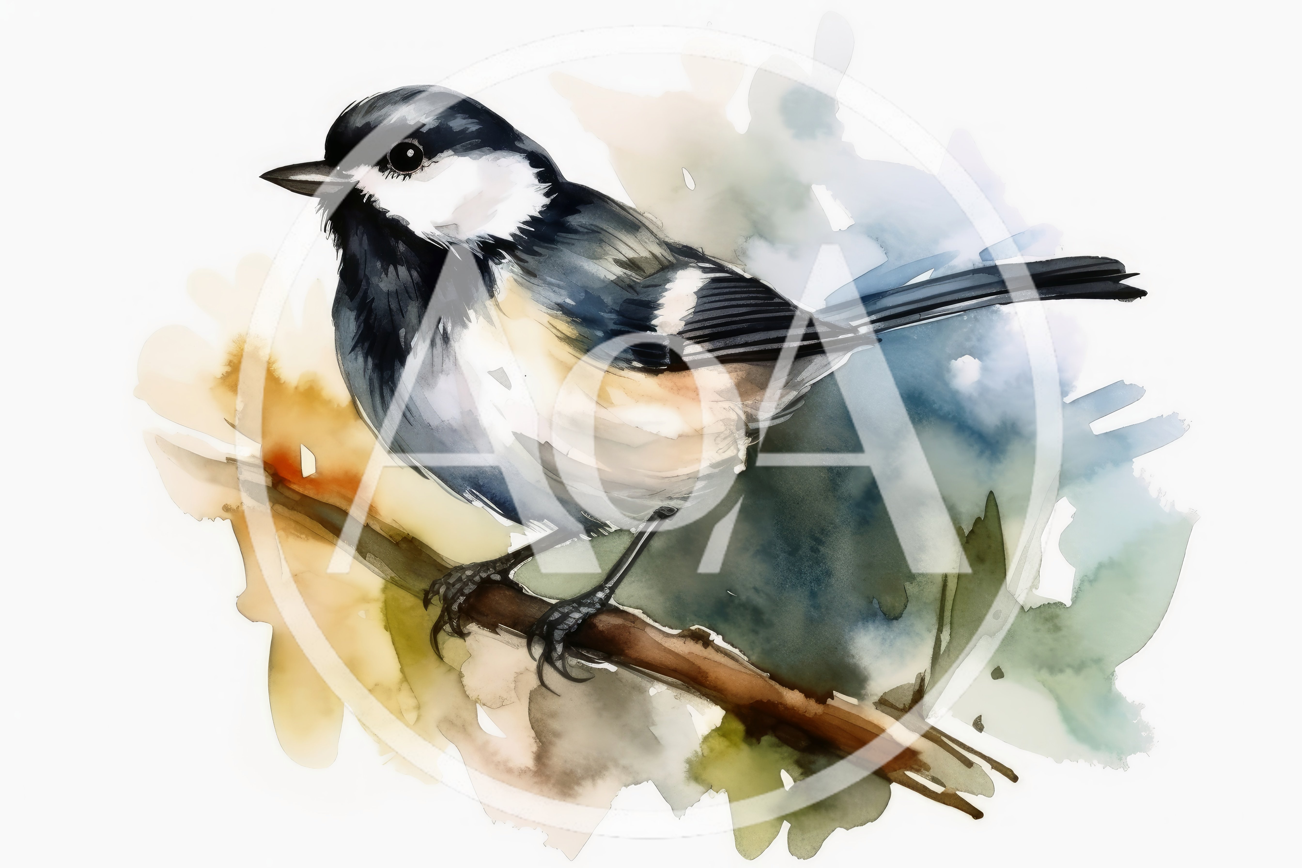 Watercolor Illustration Of A Chickadee Perched On A Branch