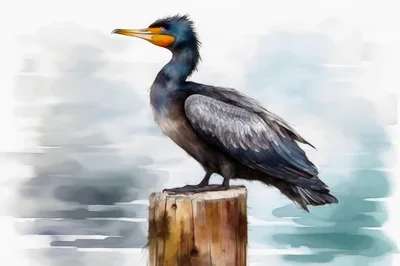 Double Crested Cormorant Perched On A Wooden Piling