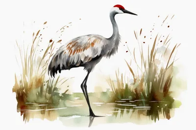 Watercolor Illustration Of A Sandhill Crane In Wetlands