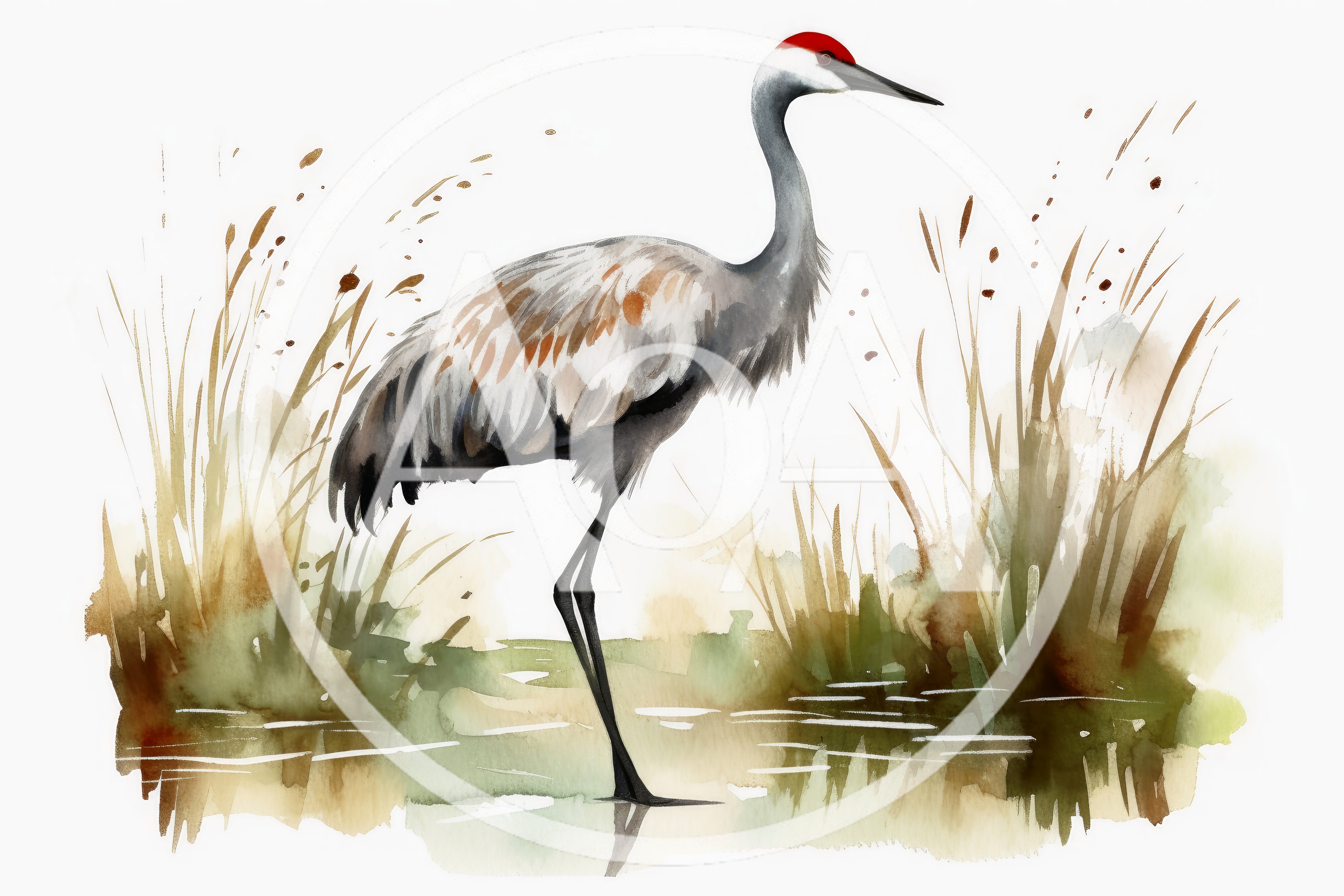 Watercolor Illustration Of A Sandhill Crane In Wetlands
