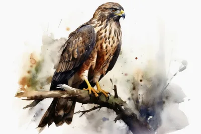 Watercolor Painting Of A Majestic Hawk Perched On Branch
