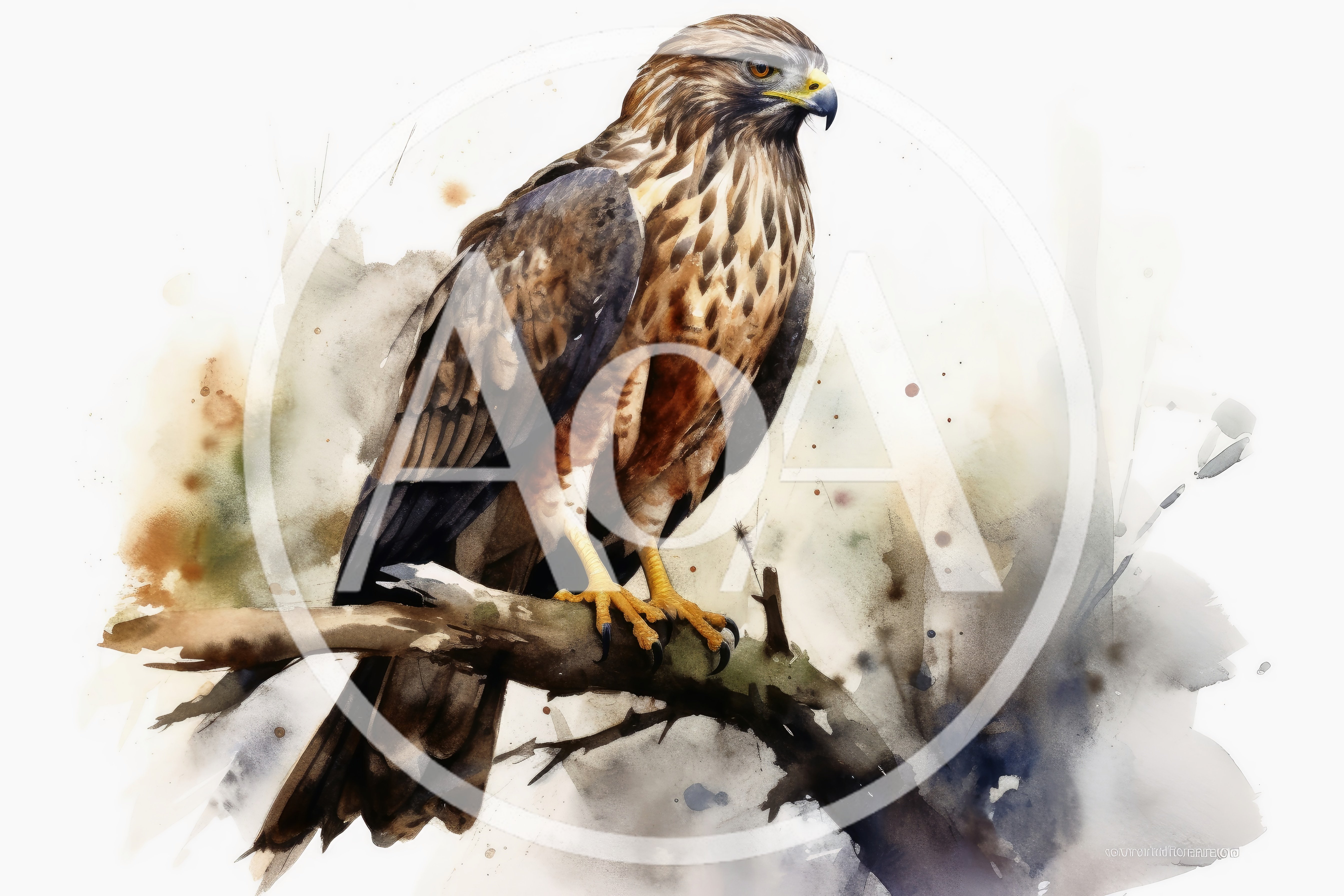Watercolor Painting Of A Majestic Hawk Perched On Branch