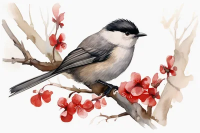Watercolor Illustration Of A Chickadee On Flowering Branch