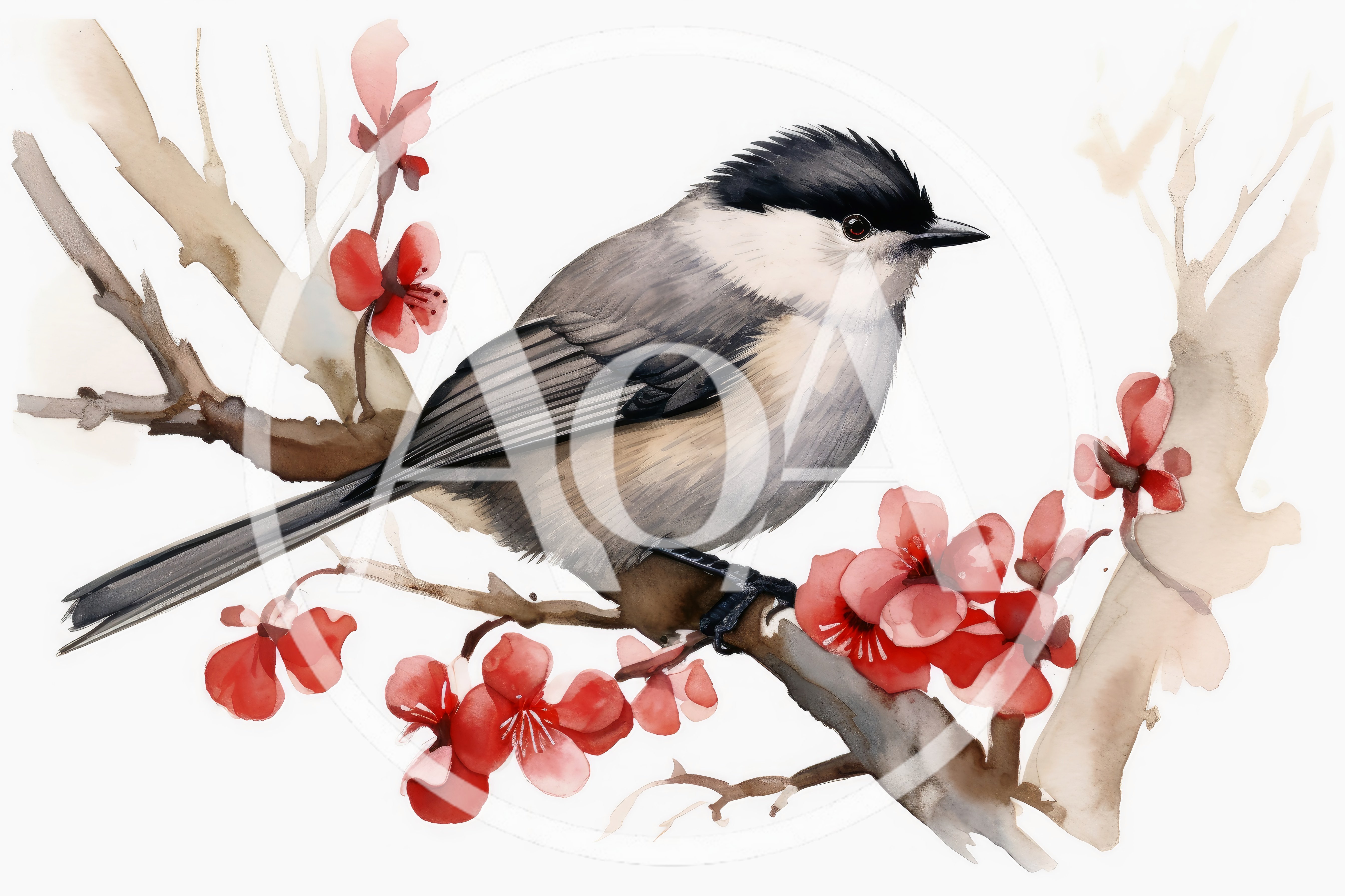 Watercolor Illustration Of A Chickadee On Flowering Branch